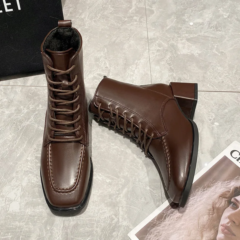 Autumn Women Boots Square Toe Chunky Heel Boots for Women PU Leather Shoes Woman Black Ankle Boots Ladies Casual Shoes