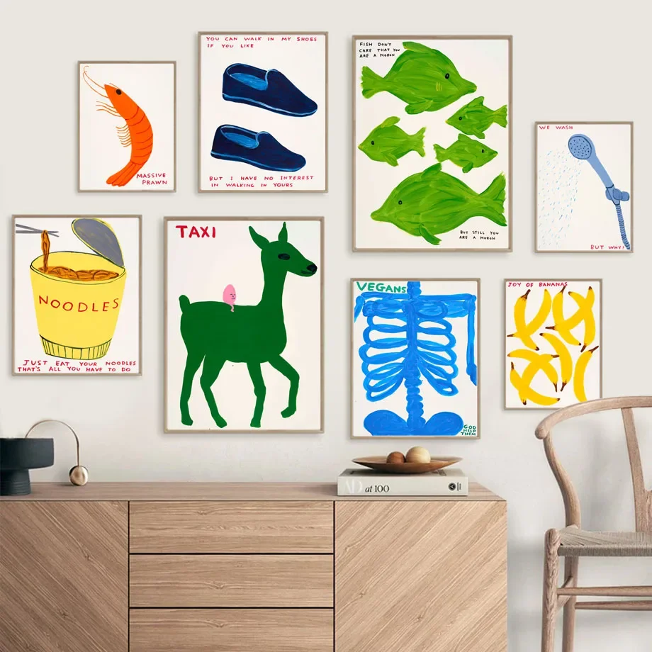 David Shrigley Fish Banana Gamberetti Scheletro Wall Art Canvas Painting Nordic Poster E Stampe Immagine Della Parete Per La Decorazione Del Soggiorno