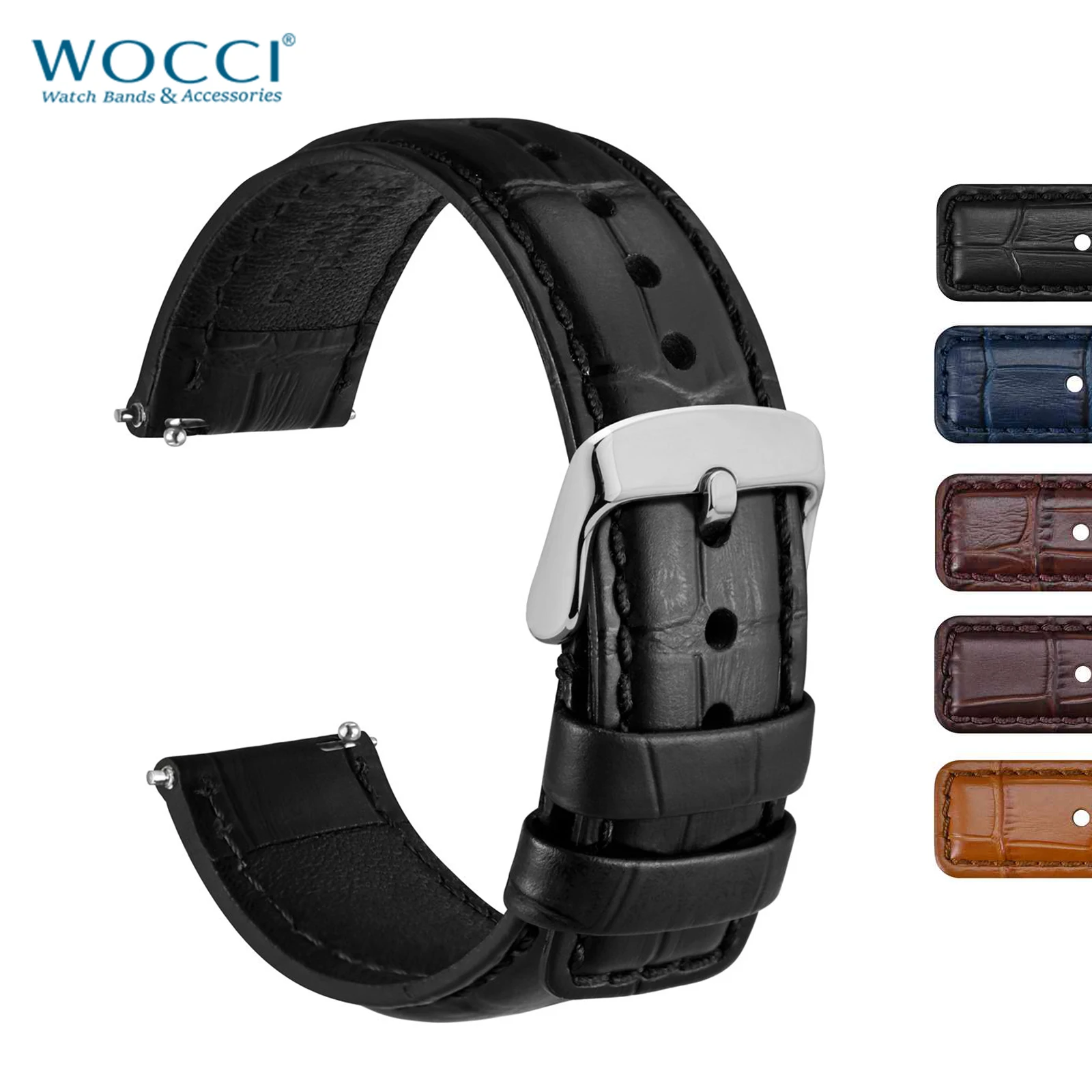 Cinturino Orologio Uomo WOCCI Pelle Genuina 18-24mm Nero - Adatto A Seiko, Rolex, Citizen E Smartwatch