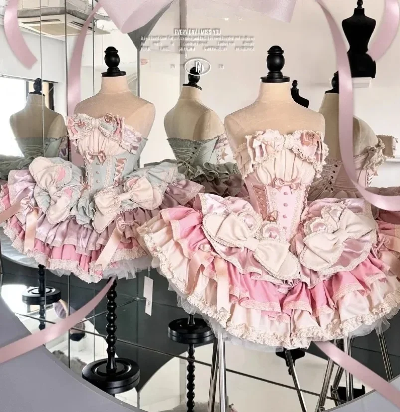Birthday Gift Cosplay Lolita Dress Women Girls Sweet Big Bow Strapless Princess Dresses New Spring Summer Party Dress