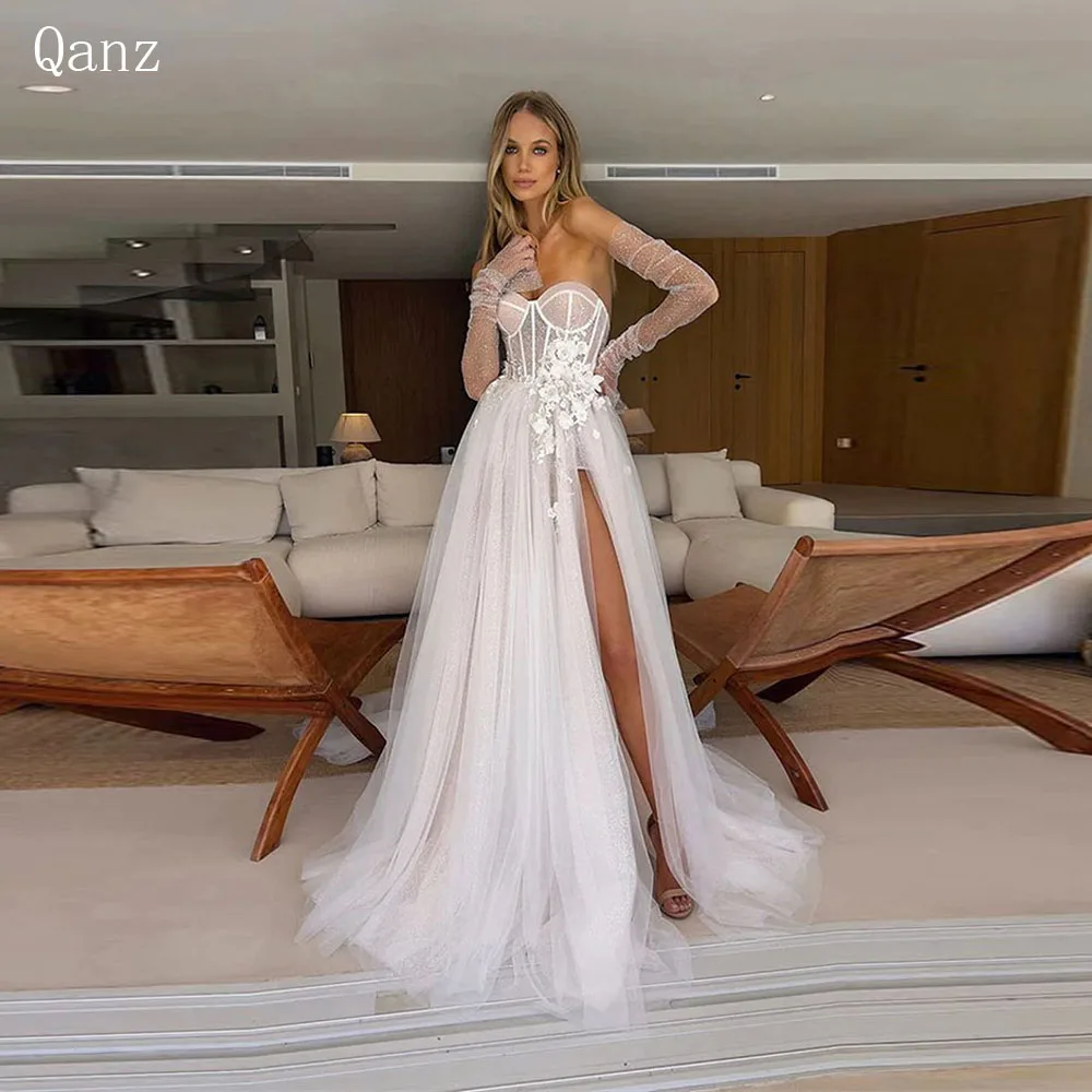 

Qanz Boho Tulle Wedding Dresses Strapless Appliques Long A Line Robe De Mariée High Side Slit Backless Dress Women Elegant Luxu