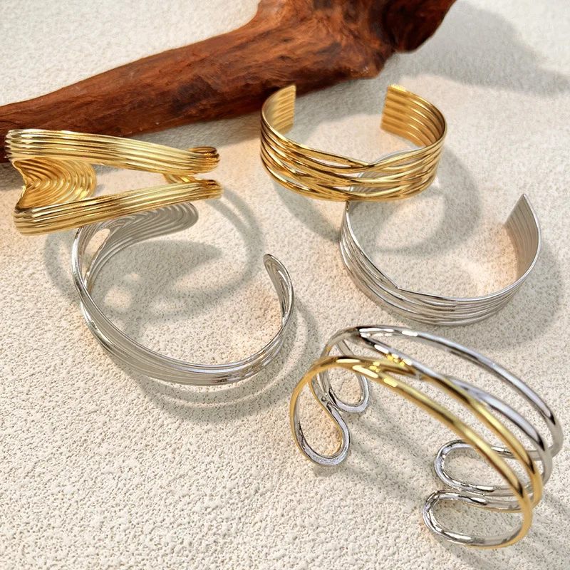New Stainless Steel Hollow Geometric Cuff Open Minimalist Bracelet Bangle Multi Layer Striped Statement Waterproof Wrist Jewelry