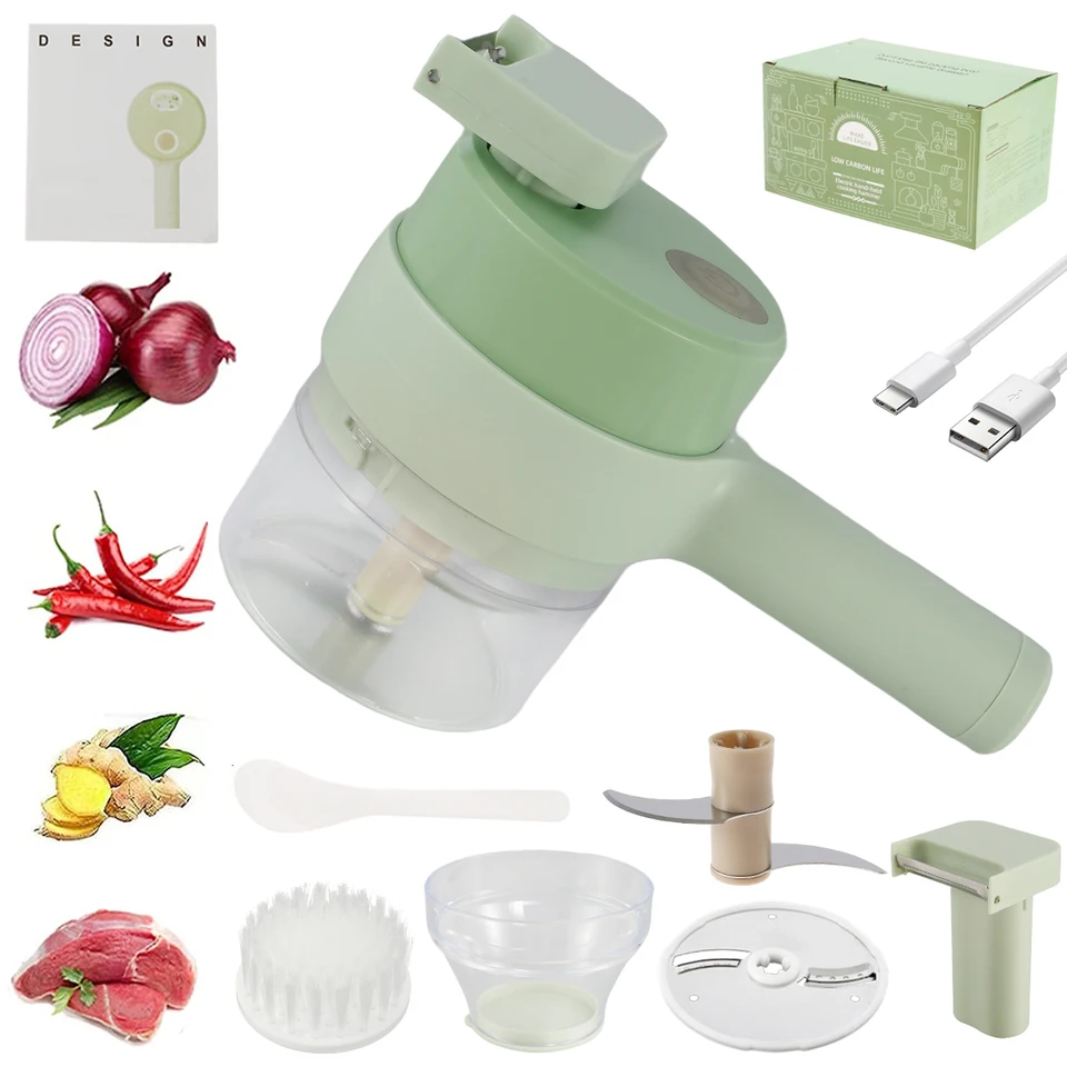 Pluokvzr Electric Vegetable Cutter Set Handheld Garlic Slicer Mini Wireless Vegetables Chopper Portable Type-C Rechargeable Food, Size: 18.5, Green