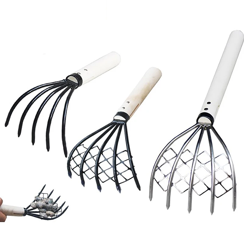 Clam Rake With Net 5 Claw Wood Handle Rake Shell Digging Tool Dig Seafood Accessories Weeding Farming Tool Wood Handle Pitchfork mini garden tools,garden weeding tool