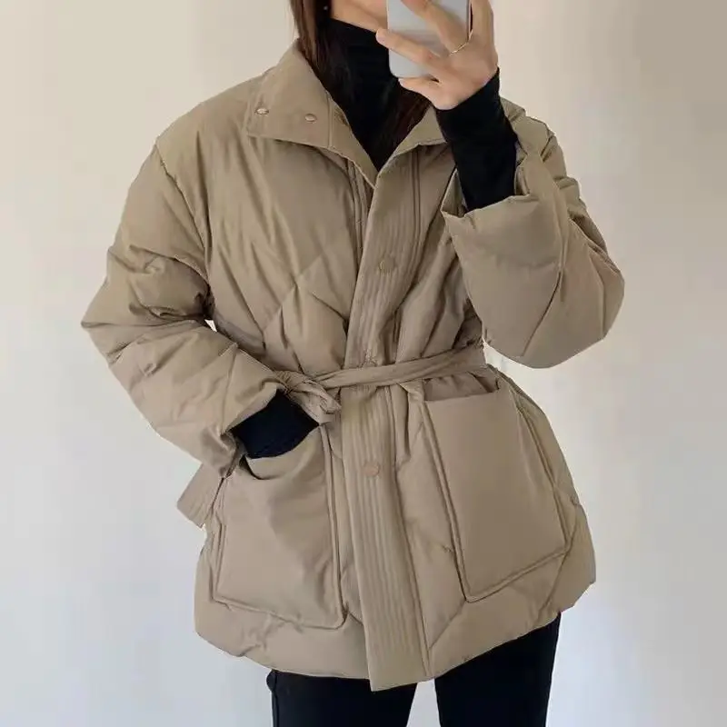 

Casual Basics Single Breasted Parkas Retro Belted Jacket 2023 Winter Women Oversized Outerwear Fashion Warm Thick Solid Coat