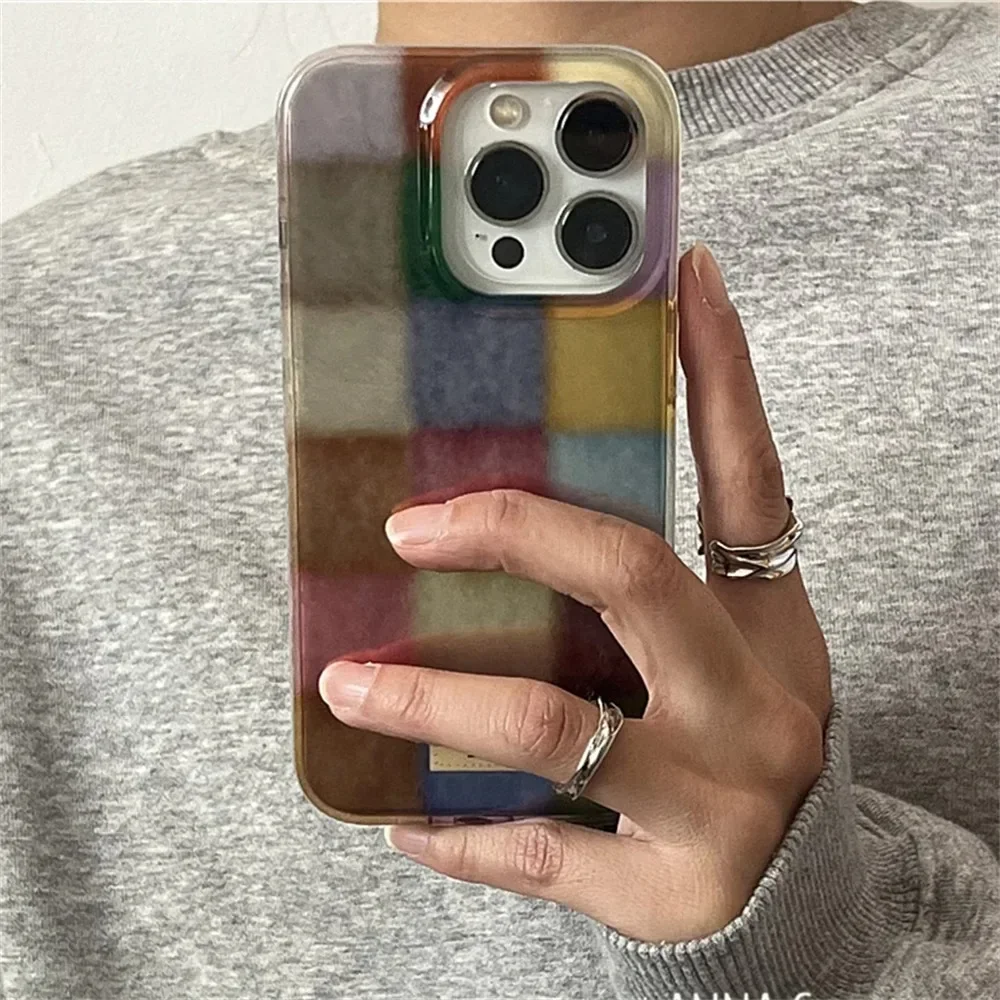 Dopamine Color Block Plaid Matte Phone Case with Grid Label Design