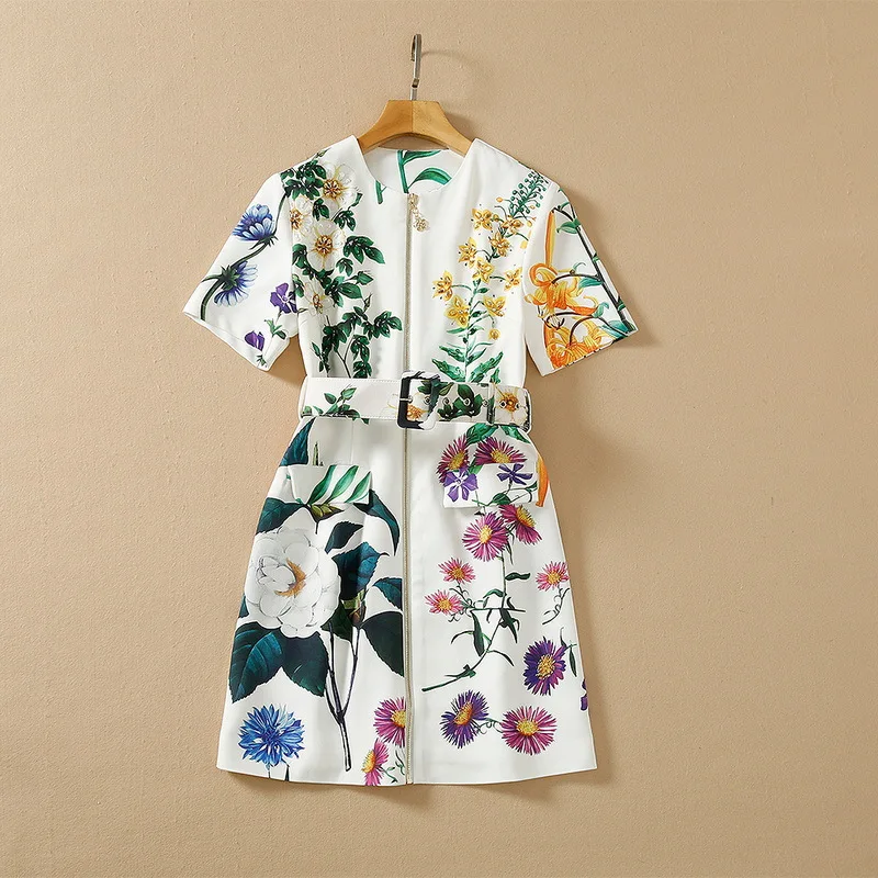 

European and American women's wear spring 2022 new Short sleeve front zipper sequin bead printing Fashionable belted dress XXL