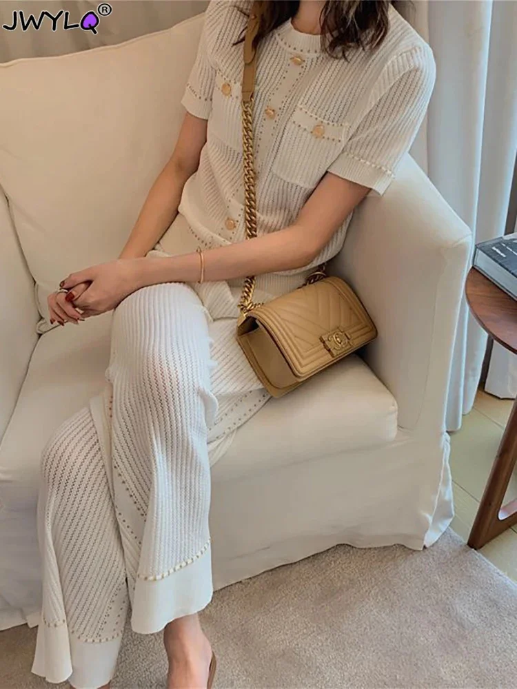 

Women's Korean Knitted 2 Piece Set Elegant Vintage O-neck Sweater Cardigan Top Outfits Knitwear Elegant Wide Leg Pants Tracksuit