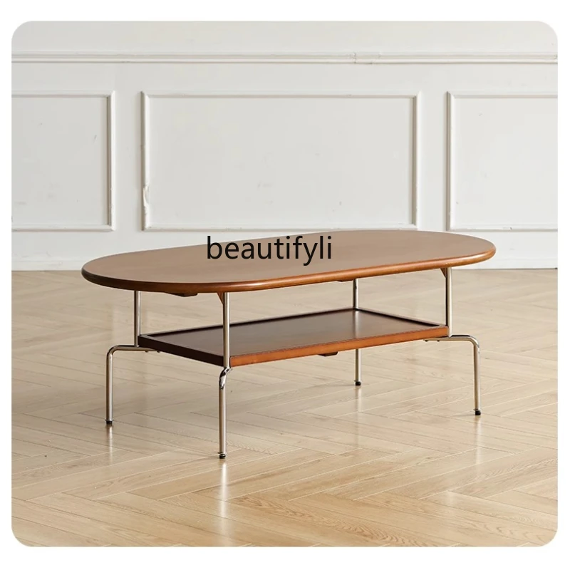 

Nordic Modern Light Luxury Solid Wood Coffee Table Small Apartment Retro Minimalist Creative Stainless Steel Oval Tea Table