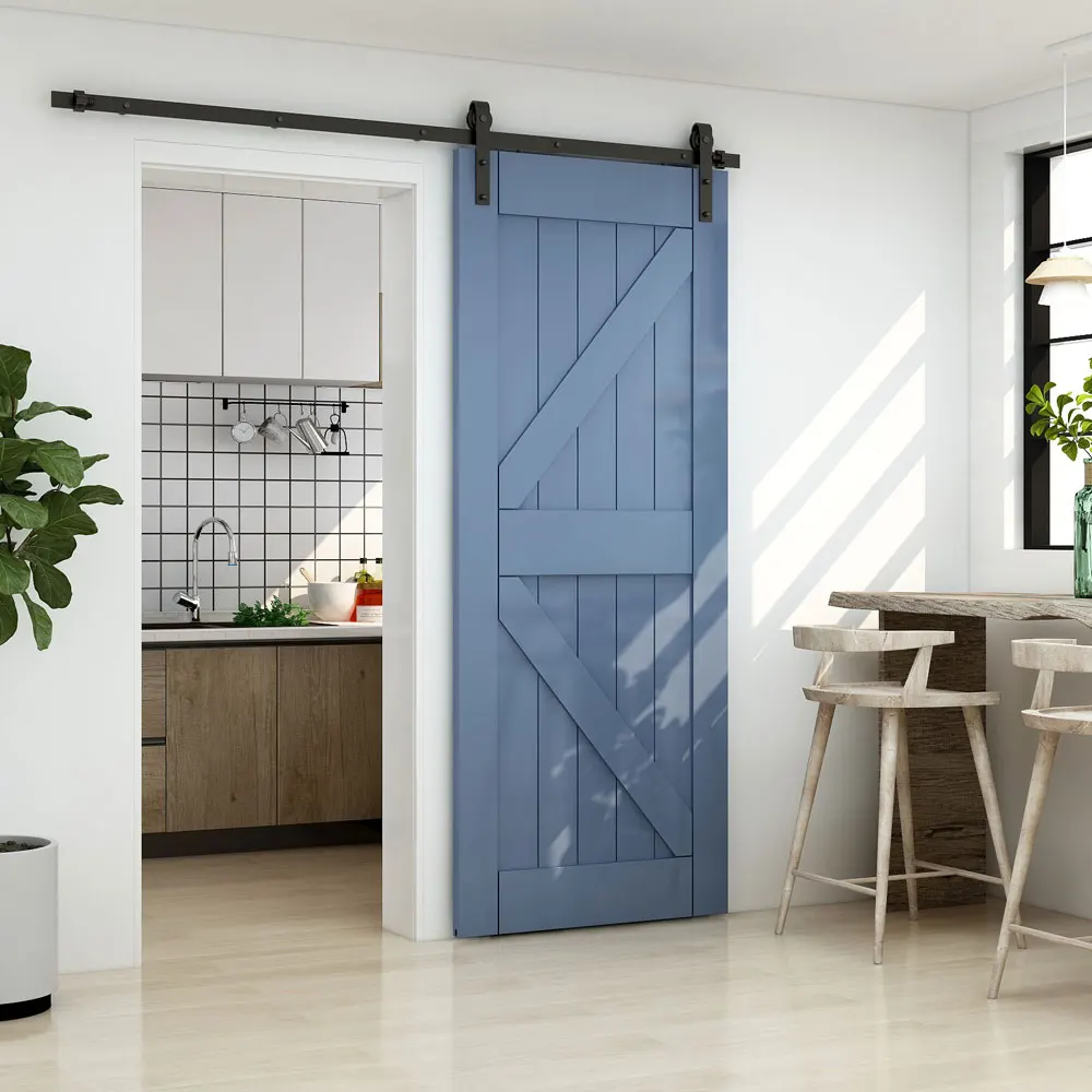 4-8FT Sliding Barn Door Hardware Kit With a Floor Guide Traditional Sliding Track for Single Wood Gate Classic Flat Roller