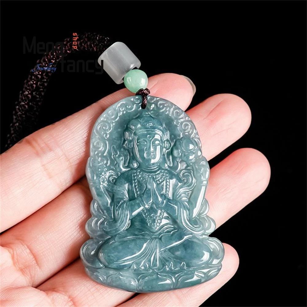 Natural A-goods Jadeite Blue Water Four-armed Goddess of Mercy Ice Jade Pendant High-grade Fashion Luxury Jewelry Holiday Gifts