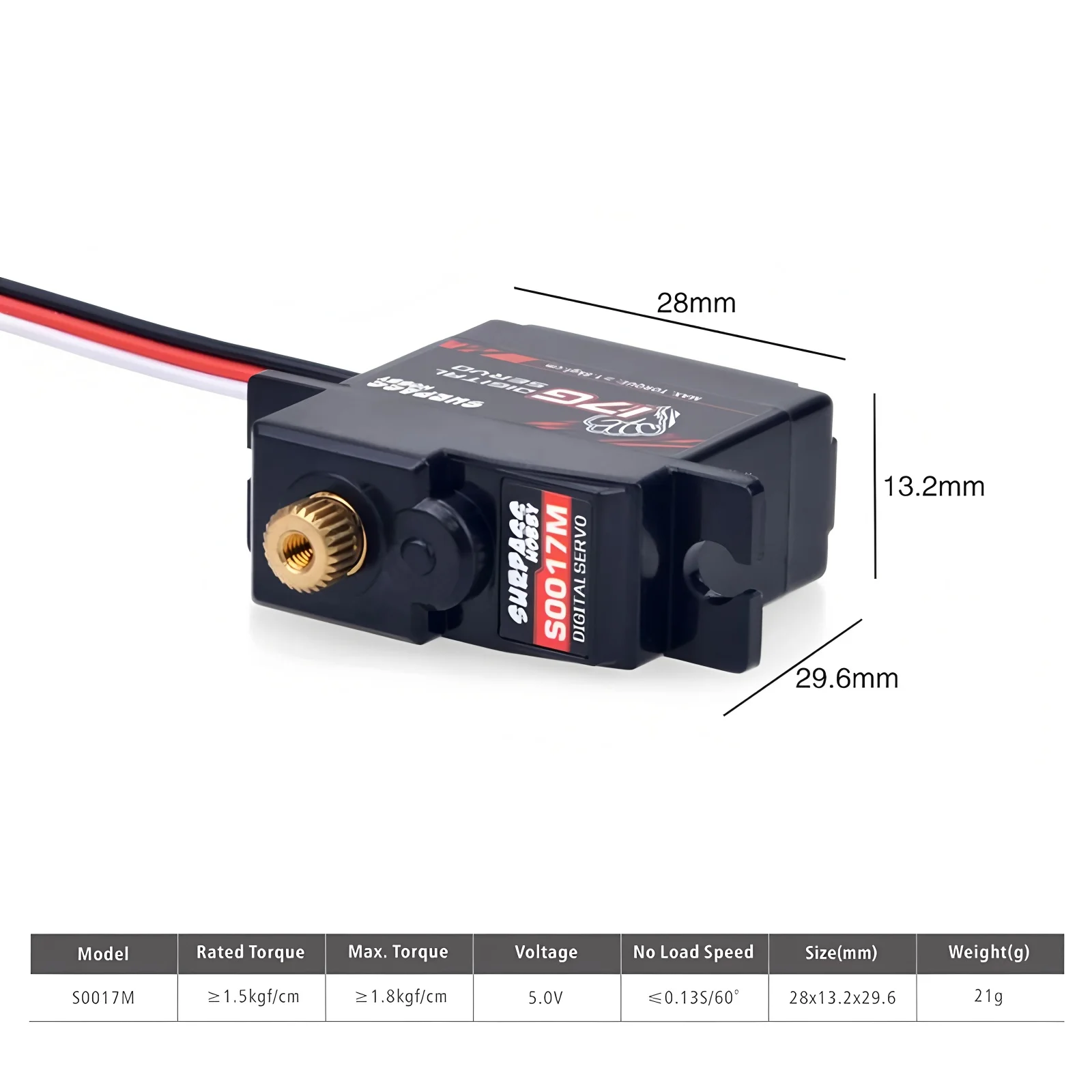 Servo métal 25g pour avion RC, vue latérale avec bras de commande.