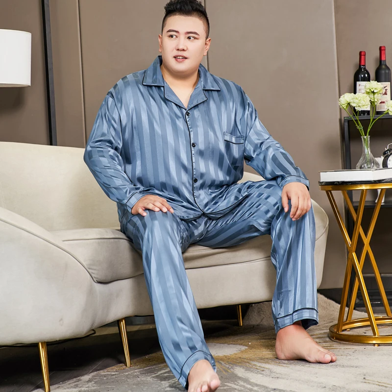 3XL-5XL Big Size 150KG Striped Satin Pajamas Set Men Autumn Spring Long Sleeve Blouse and Pants Slik Night Wears for Man Pijama