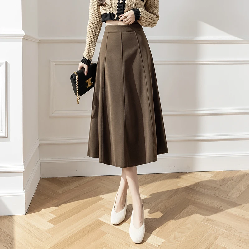 Spring and Autumn Women's High Waist Vintage Medium-length Maoni Solid Color Fashion A-line Casual Loose Hem Half-body Skirt autumn and winter new pure wool skirt high waist skirt knitted a line skirt medium length umbrella skirt double waist lace skirt