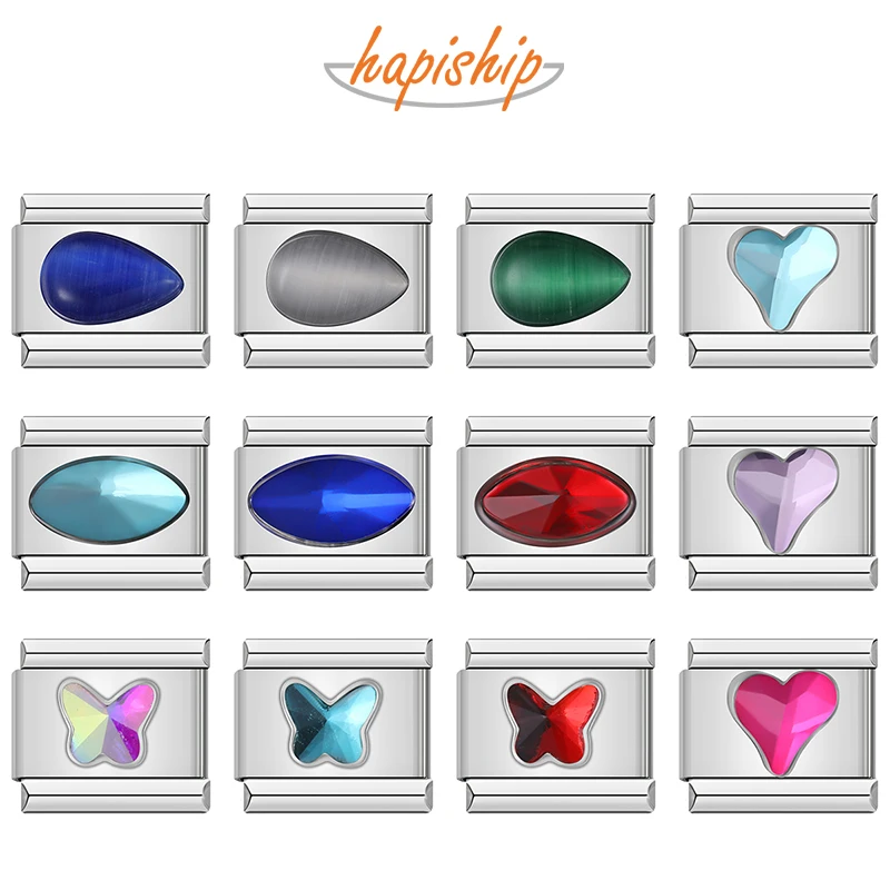 Hapiship 2025 moda corazón elíptico rectángulo CZ encanto eslabones italianos ajuste 9mm pulsera de acero inoxidable hacer joyería DJ692