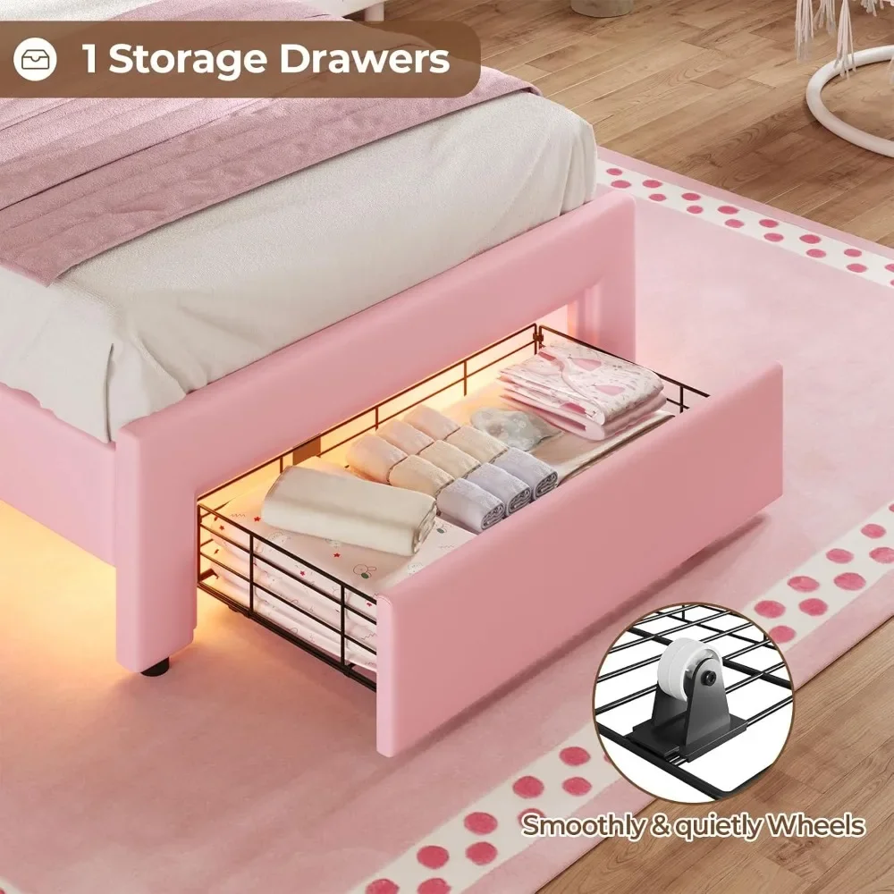 Twin Size Bed Frame with Storage Drawer, LED Lights, Adjustable Headboard with Velvet Crystal Button, Upholstered Platform Bed 3