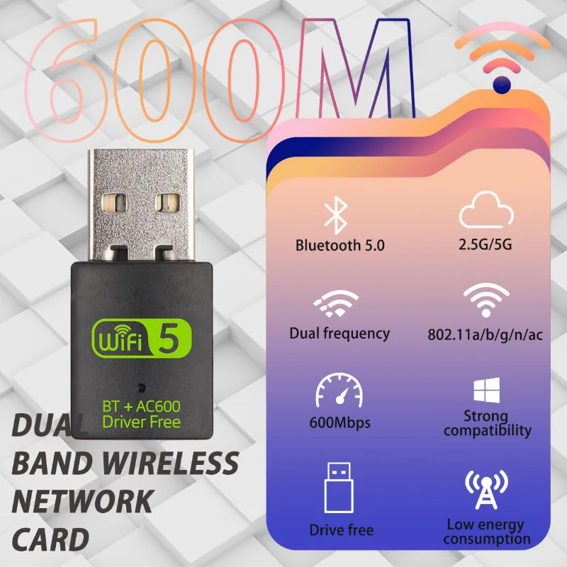 Hannord 2 in 1 듀얼 밴드 USB 와이파이 블루투스 어댑터, 무료 드라이브, 와이파이 5 동글 네트워크 무선 WLAN 리시버, 600Mbps, 2.4, 5Ghz