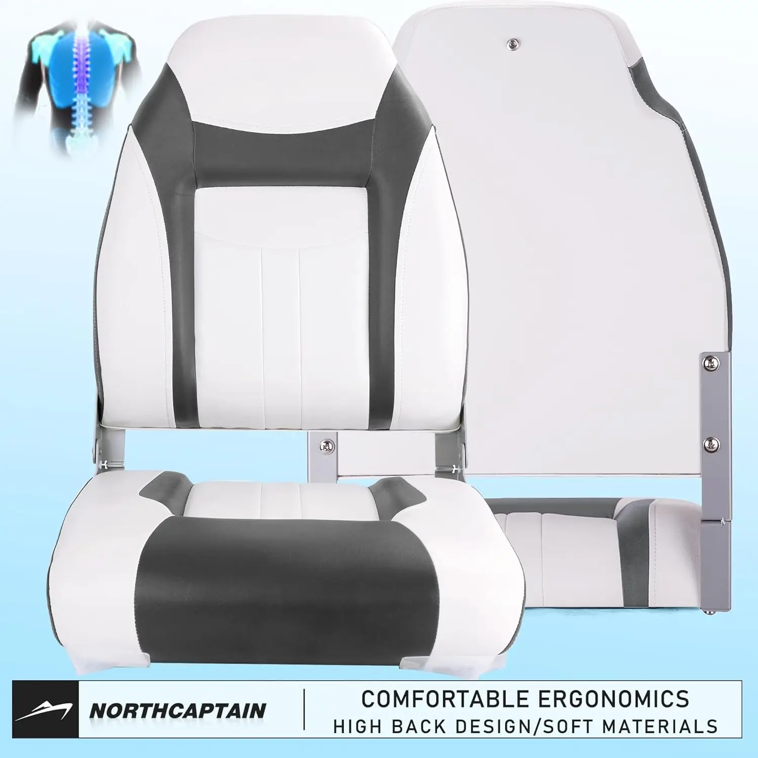 Deluxe A Pair of Marine High Back Folding Fishing Boat Seat,Stainless Steel Screws Included,White/Charcoal
