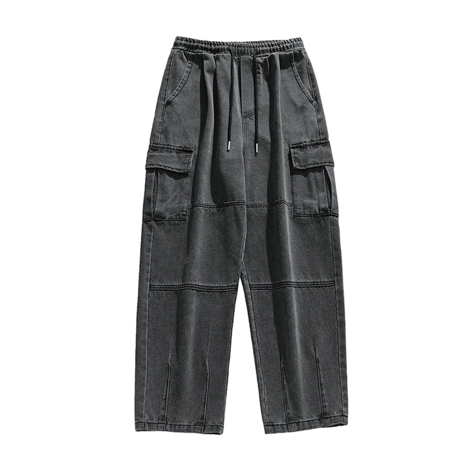 

Men Jeans Wide Leg Loose Straight Denim Pant Fashion Streetwear Elastic Waist Drawstring Pocket Patchwork Jeans Pantalones