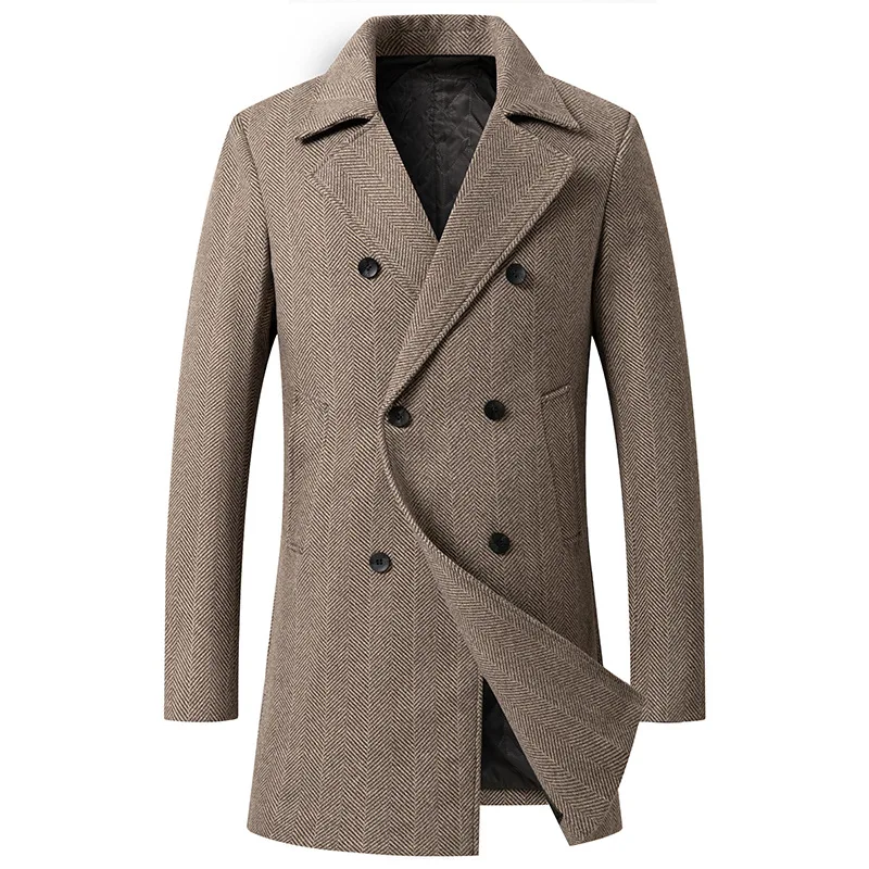 Men's Mid-Length Plaid Wool Trench Coats 2023 Autumn Winter Khaki Gray Double-breasted Fashion Business Male Windbreaker Jackets