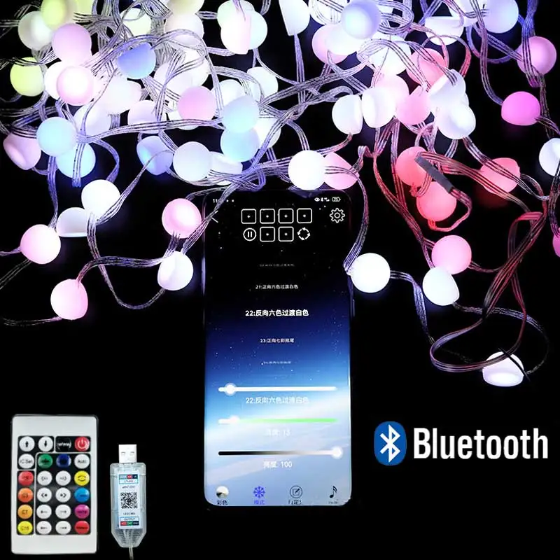 15M LED Ball Light String Fairy Lights DC5V RGBIC Lamp Bluetooth Controller USB Plug and IR Remote for Outdoor Party Christmas