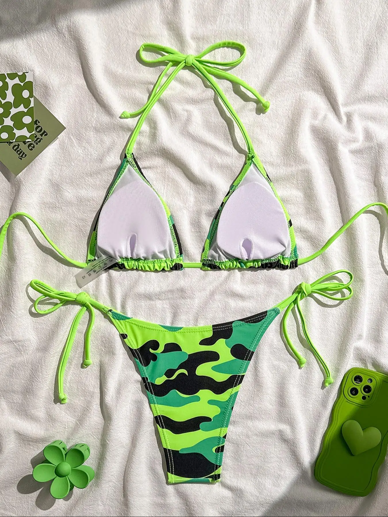 Sexy Green Camouflage Print Micro Bikini 2025 Women Halter Push Up Tie Side Thong Swimsuit Brazilian Beach Bathing Suit Swimwear 2