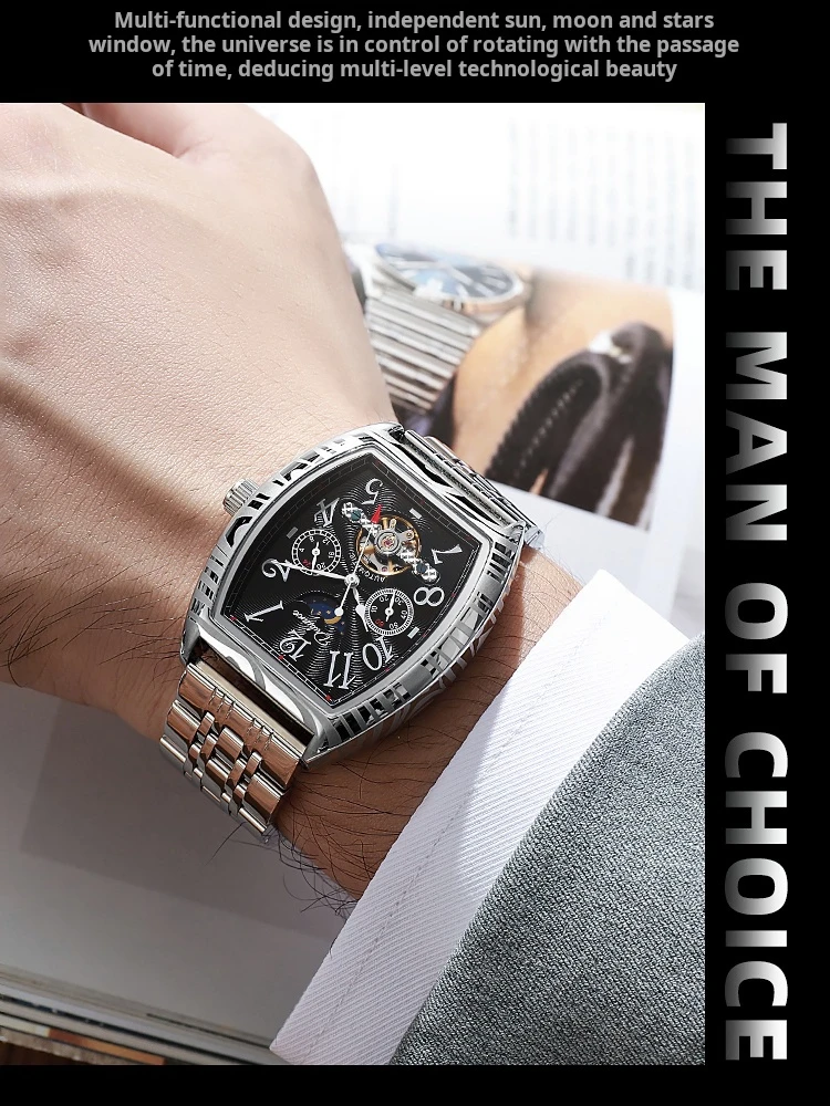 Top-Marke Luxus Tourbillon Mechanische Uhr Für Männer Mode Schwarz Stahl Wasserdicht Mondphasen Automatische Uhr Reloj Hombre_voghion.com