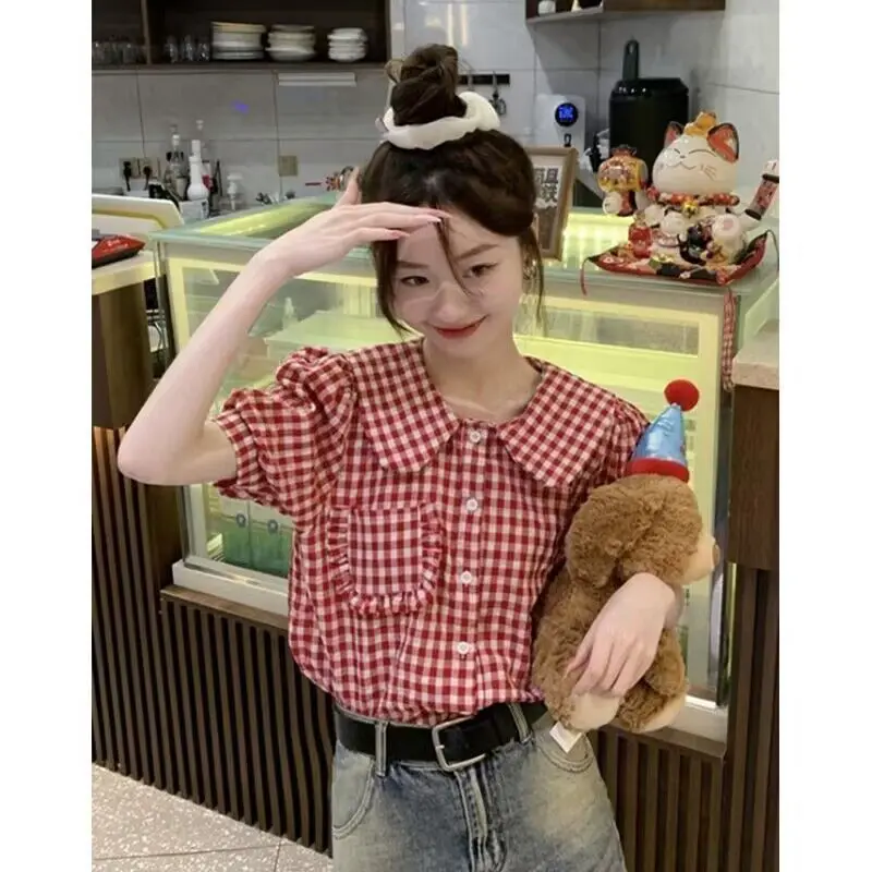 

Red Plaid Shirts Women Vintage Girlish Kawaii Peter Pan Collar All-match Casual Harajuku Korean Style Gentle Age-reducing Chic