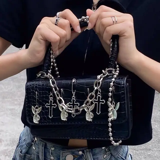 Harajuku Gothic Shoulder Bag Woman Metal Punk Moto Biker Style Female Handbags Cross Paper Clip Rabbit Dark Messenger Bag Purses Black