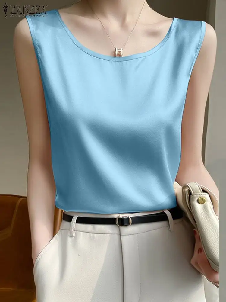 

Fashion Satin Blouse Summer Women Sleeveless Tanks Tops ZANZEA Elegant Solid Causal Work Blusas Female Tunic Vest Camis Oversize