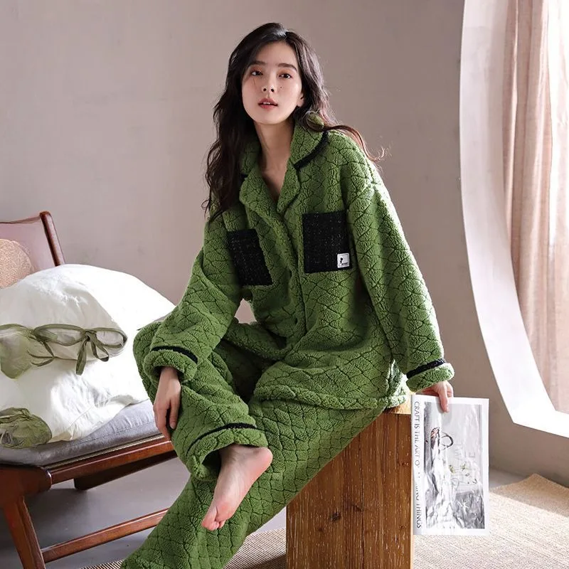 2024 New Women Pajamas Winter Thermal Coral Fleece Long Sleeve Cardigan Thickened Velvet Female Homewear Nightclothes Suit