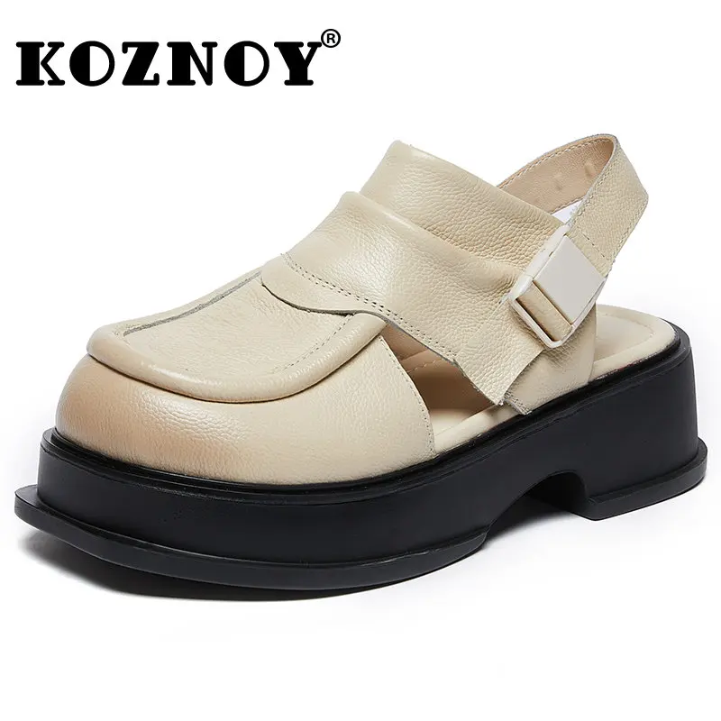 

Koznoy Luxury Buttoned Sandals 5cm Natural Cow Genuine Leather Thick Soled Moccasin Round Toe Platform Wedges Summer Women Shoes