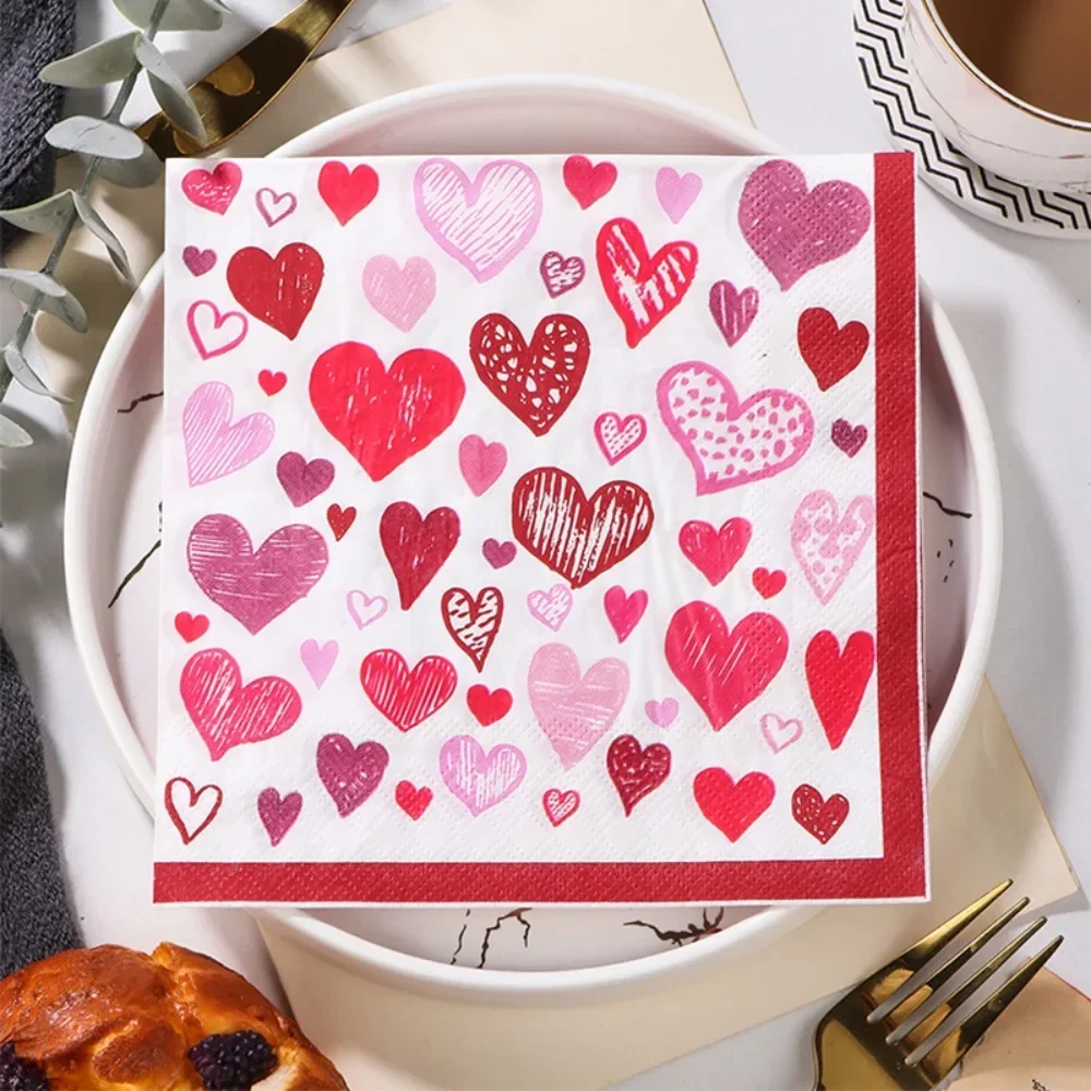 20Pcs/pack Lover Heart Rose Printed Paper Disposable Tableware Napkin Tissues DIY Wedding Party Decoration Valentine's Day Decor