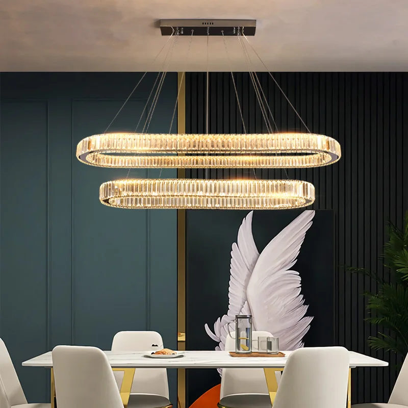 

Modern Luxury Dining Room Led Dimmable Pendant Lights Oval Steel Lustre Crystal Chandelier Luminarias Led Hang Lamp Suspend Lamp
