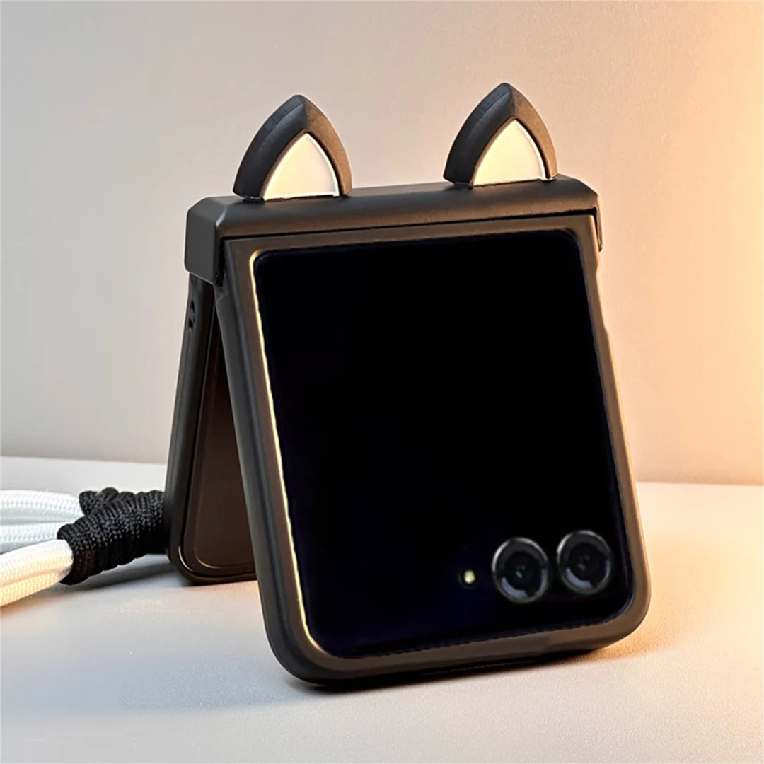 Korean Cute Cat Ears Black Portable Rope Phone Case