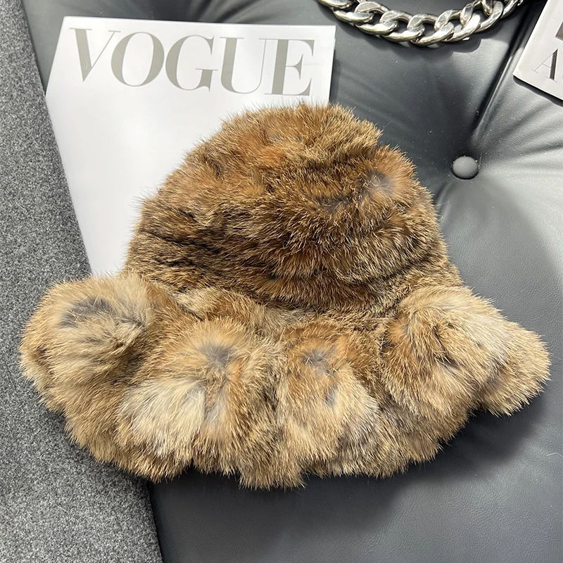 Fur Hats Real Rabbit Fur Fisherman's Hat Women Winter Warm Rabbit Fur Caps Soft Natural Hats Female Fashion Cap