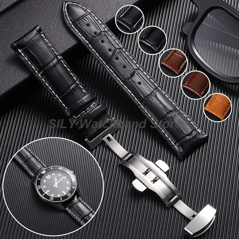 Elegant Leather Cowhide Watch Band with Butterfly Buckle - Business Bracelet Style
