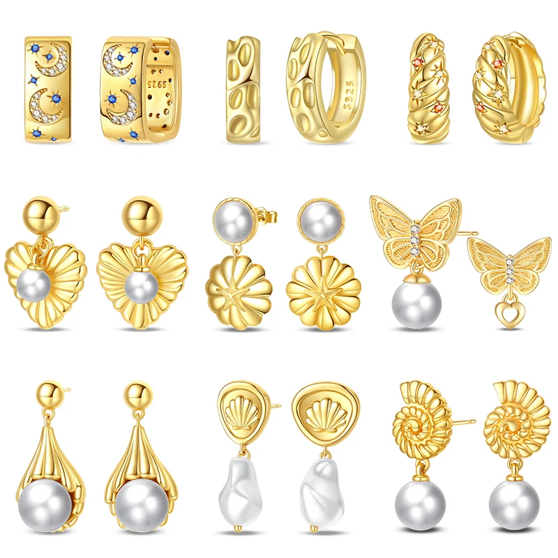 New 100% 925 Sterling Silver Trendy Sea Shell Gold Color Drop Earrings For Women Glossy Pearl Earring Luxury Wedding Jewelry