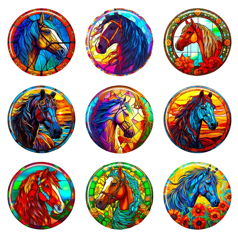 DIY Round Glass Cabochon Photo Set – Horse Design, Multiple Sizes