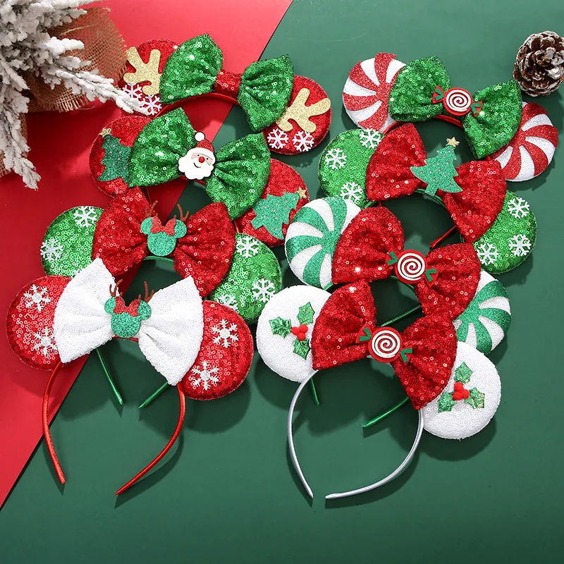 

2023 Mouse Ears Headband Christmas Snowflake Sequins Bow Hairband Hallowmas Festival Hairbands Girls Party Hair Accessories Gift