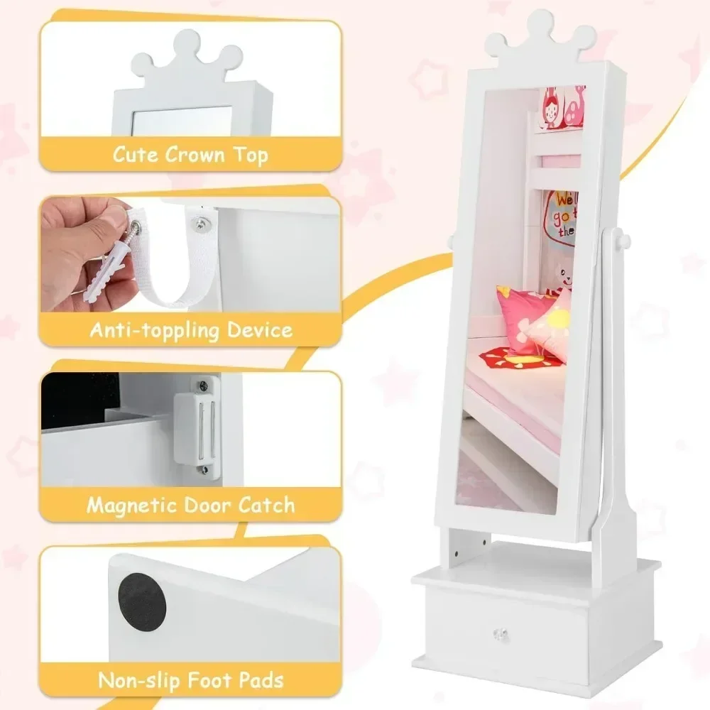 Kids Jewelry Armoire Cabinet, 2-Angle Tilting Wooden Standing Jewelry Organizer with Full-length Mirror and Storage Drawers 4