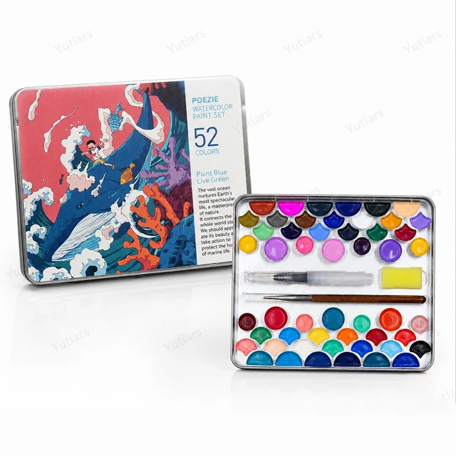 52 Colors Watercolor Paint Set Metal Tin Box Shell Pan with Water Brush Detail Brush Portable Artist Kit for Painting DIY Art 1