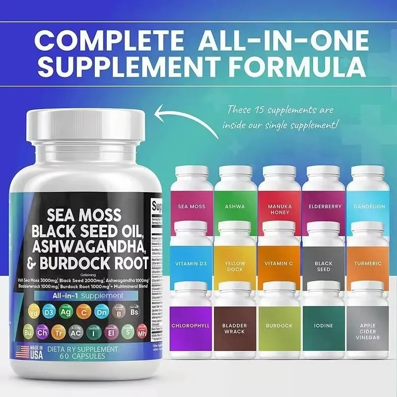 8 In 1 Organic SHILAJIT Ashwagandha Capsules All In 1 See Moss Capsules with Black Seed Oil Health Support