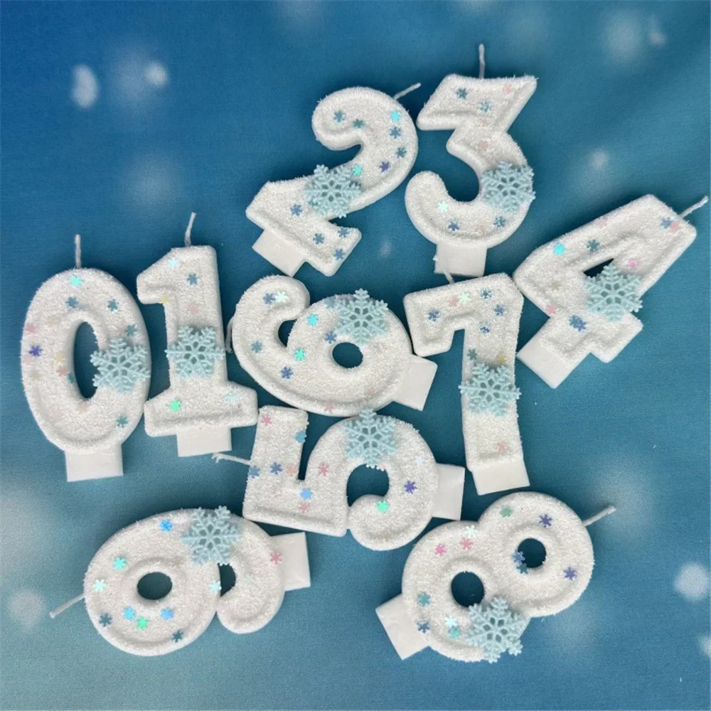 Christmas Snowflake Theme Birthday Candles for Cake White Digit 0-9 Candle Cake Topper with Sequins Party Dressing