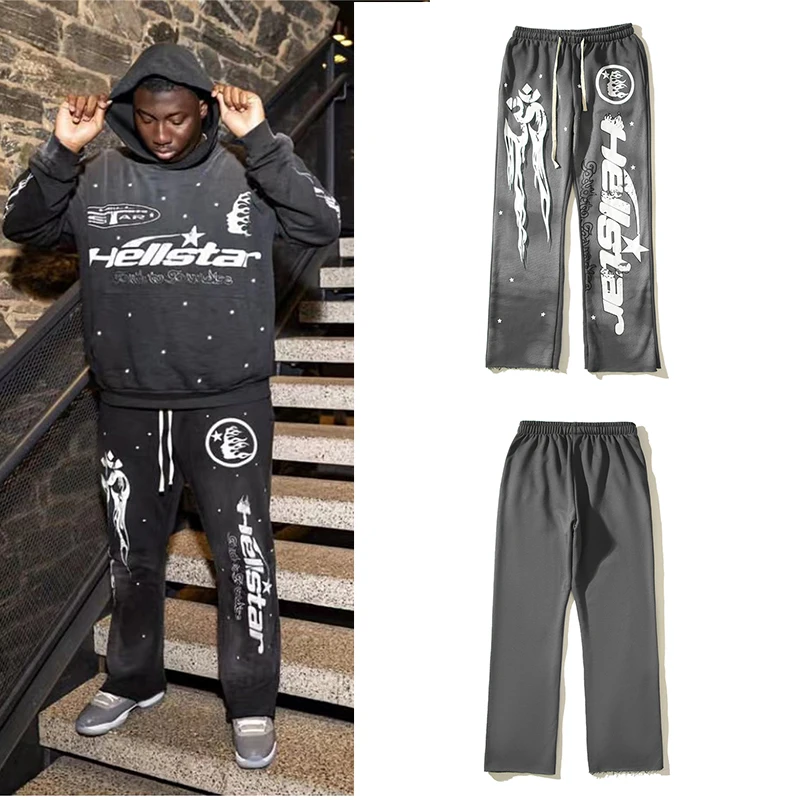 

Y2k New 2023 Hellstar Grey Oversize Retro Mud Print Worn Sports Casual Trousers High Street Men's And Women's Bell-Bottoms