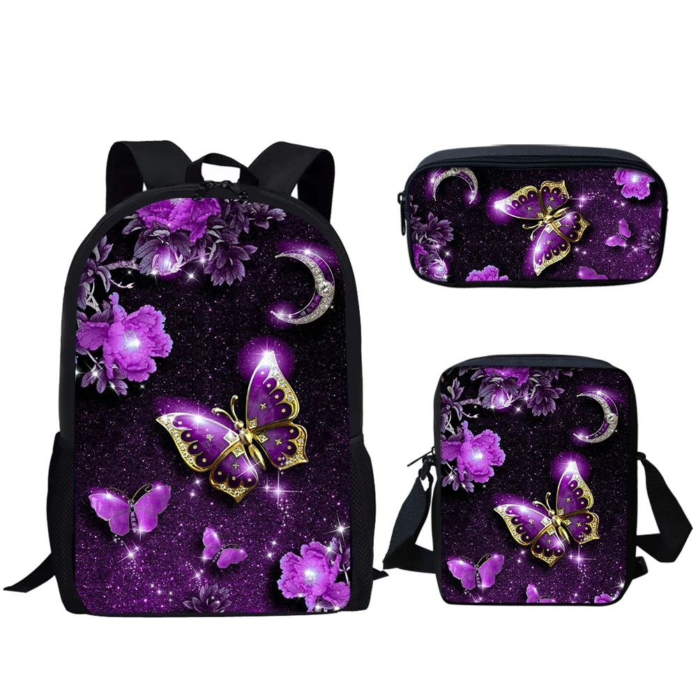 Purple Butterfly Moon Print 3Pcs School Bags for Teen Girls Travel Backpack for Women Casual Schoolbag Large Capacity Backpack