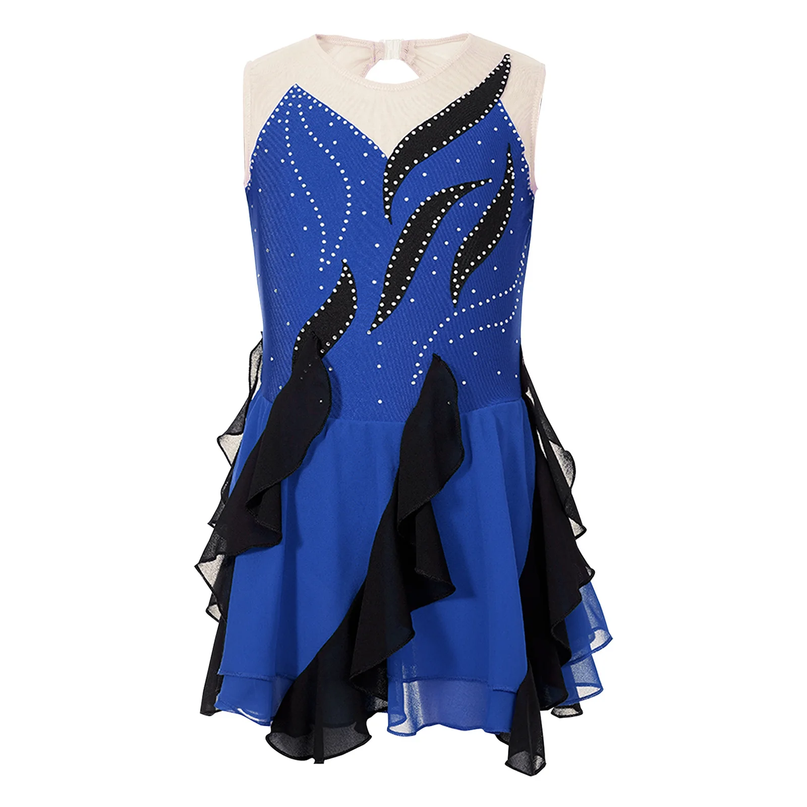 Vestido de baile para niñas, brillante, con volantes, patinaje artístico, sin mangas, con abertura en la espalda, de una pieza, para gimnasia, Ballet, Ropa de baile lírico