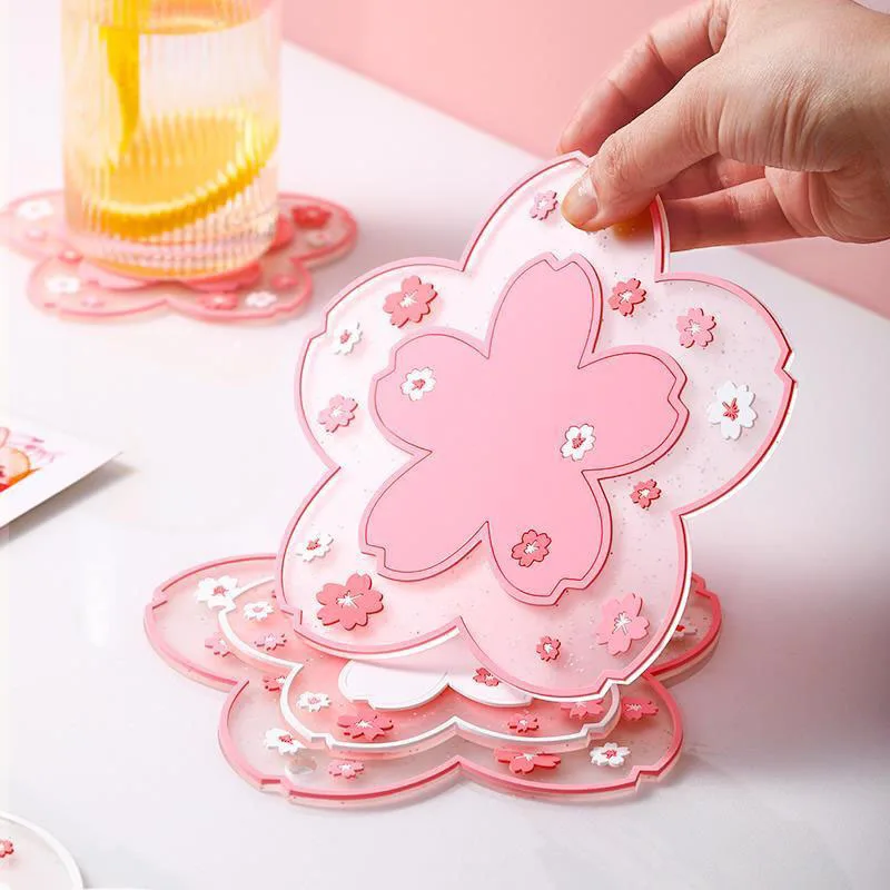 Mouse Pad Coaster Cute Sakura Desk Mat Kawaii Coffee Cup Coaster Heat Insulation Mat for Tea Milk Mug Office Home Decors Cute Desk Accessories