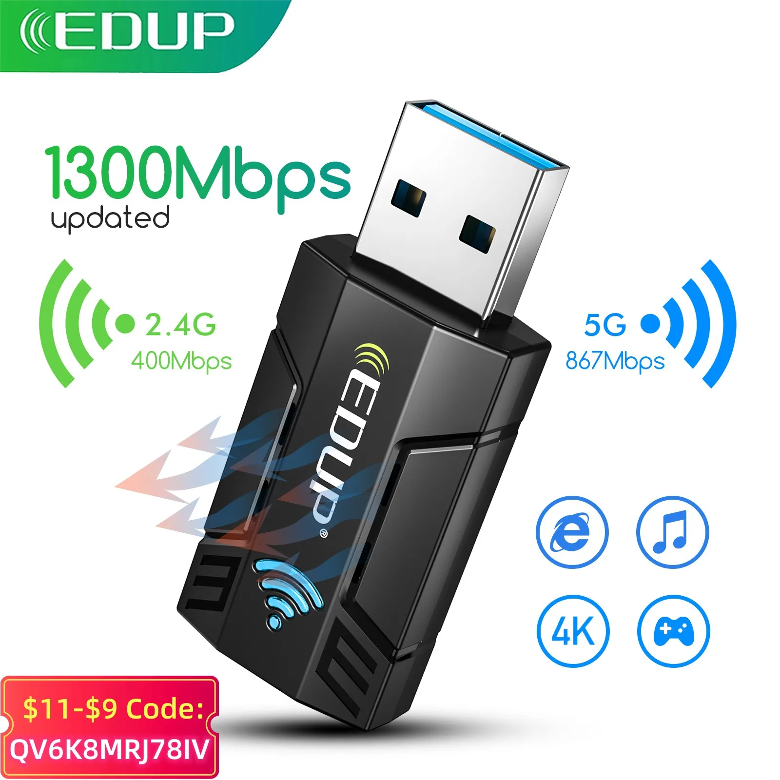 EDUP-Mini adaptador WiFi de 1300Mbps, de red inalámbrica USB, banda 2,4G, 5G, 802.11ac, adaptador para y ordenador - AliExpress Ordenadores y oficina