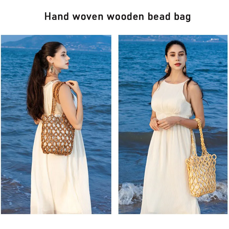 Women Woven Hand Bag Exquisite Hollow-out Wooden Bead Tote Shoulder Bag Female Summer Beach Handbag 2025 New